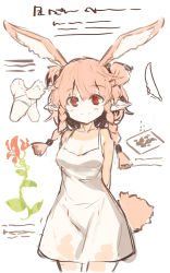 Rule 34 | 1girl, animal ear fluff, animal ears, arms behind back, bare shoulders, blush, braid, breasts, brown hair, closed mouth, commentary request, cowboy shot, dress, flower, hair between eyes, highres, long hair, multiple views, original, panties, pointy ears, red eyes, red flower, sleeveless, sleeveless dress, small breasts, smile, sundress, tail, twin braids, two side up, underwear, white background, white dress, white panties, yuuji (yukimimi)
