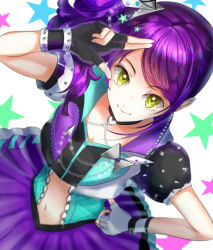 Rule 34 | 1girl, 808taro, asymmetrical gloves, bad id, bad pixiv id, black gloves, breasts, choker, cleavage, fingerless gloves, from above, gloves, grey gloves, hair ornament, long hair, looking at viewer, midriff, navel, parted bangs, pleated skirt, pretty series, pripara, purple hair, purple skirt, salute, short sleeves, side ponytail, skirt, small breasts, smile, solo, star (symbol), star hair ornament, stomach, toudou shion, uneven gloves, yellow eyes