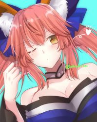 Rule 34 | 10s, 1girl, animal ears, aqua background, bare shoulders, blue dress, blue ribbon, blush, choker, close-up, closed mouth, dress, dutch angle, fate/extra, fate/extra ccc, fate (series), fox ears, hair between eyes, hair ribbon, hand up, highres, long hair, looking at viewer, one eye closed, pink hair, ribbon, simple background, solo, tamamo (fate), tamamo no mae (fate/extra), tanaji, twintails, twitter username, upper body, yellow eyes