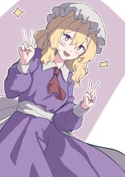 Rule 34 | 1girl, absurdres, ascot, blonde hair, blush, double v, dress, hair between eyes, hat, highres, long dress, long sleeves, looking at viewer, maribel hearn, medium hair, mob cap, open mouth, purple dress, red ascot, smile, solo, sparkle, t-hou, touhou, v, yellow eyes