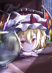 Rule 34 | 1girl, blonde hair, crystal, flandre scarlet, hat, hat ribbon, head on table, head rest, highres, looking at viewer, mizunisabano, night, open window, portrait (object), red eyes, red nails, red ribbon, reflection, remilia scarlet, ribbon, short sleeves, side ponytail, sitting, slit pupils, touhou, wall, window, wings, wrist cuffs