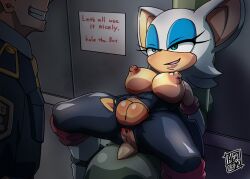 Rule 34 | 1boy, 1girl, aku tojyo, anus, bdsm, bodysuit, bondage, bound, breasts, breasts out, cleft of venus, fat mons, furry, furry female, green eyes, highres, large breasts, naughty face, nipples, pussy, restrained, rouge the bat, smile, sonic (series), torn bodysuit, torn clothes, uncensored