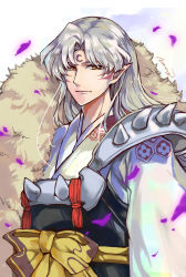 Rule 34 | 1boy, absurdres, armor, bow, crescent, facial mark, forehead mark, fur, highres, inuyasha, japanese clothes, lan sing, long hair, looking at viewer, male focus, petals, pointy ears, sesshoumaru, silver hair, solo, upper body