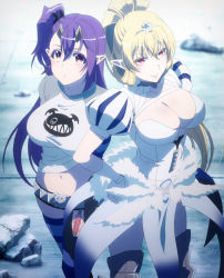 Rule 34 | &gt;:), 2girls, belt, blonde hair, blurry, blush, boots, breasts, cleavage, cleavage cutout, closed mouth, clothing cutout, cowboy shot, demon girl, depth of field, dress, elbow gloves, feather trim, garter straps, gloves, hand on own hip, highres, horns, large breasts, leviathan (sin nanatsu no taizai), leviathan (the seven deadly sins), lips, long hair, looking at viewer, looking up, lucifer (sin nanatsu no taizai), lucifer (the seven deadly sins), multiple girls, navel, oni horns, pointy ears, purple hair, red eyes, rock, screencap, shirt, side ponytail, sin nanatsu no taizai, standing, stomach, striped clothes, striped legwear, striped thighhighs, tareme, the seven deadly sins, thigh boots, thighhighs, tiara, v-shaped eyebrows, very long hair, white dress, white gloves, white shirt