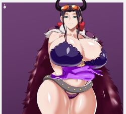 Rule 34 | 1girl, absurdres, alternate costume, bare legs, beast pirates uniform, black hair, breasts, cleavage, curvy, fake horns, fur trim, highres, horns, huge breasts, long hair, navel, nico robin, nonsense, official alternate costume, one piece, revealing clothes, shiny skin, smile, standing, thong, very long hair, wide hips, wirberlwind