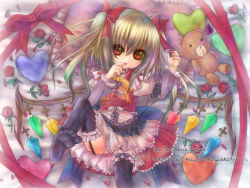 Rule 34 | 1girl, alternate costume, alternate hairstyle, black thighhighs, blonde hair, bow, feet, female focus, fingernails, flandre scarlet, flower, frilled thighhighs, frills, garter straps, hair bow, leg up, looking at viewer, lying, nail polish, no headwear, no headwear, on back, red eyes, red flower, red rose, rose, satsuki akane, short hair, soles, solo, stuffed animal, stuffed toy, teddy bear, thighhighs, toes, touhou, twintails, wallpaper, watermark, web address, wings