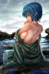 Rule 34 | 1girl, back, breasts, caustics, cloud, cloudy sky, day, drill hair, fins, from behind, green kimono, hand to own mouth, head fins, highres, japanese clothes, kimono, kimono pull, large breasts, looking past viewer, looking to the side, mermaid, monster girl, rock, short hair, shounen (hogehoge), sideboob, sitting, sitting on rock, sky, solo, sunlight, touhou, wakasagihime, water, wet
