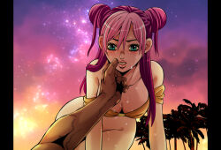 Rule 34 | 1boy, 1girl, all fours, alternate color, alternate hair color, ass, beach, bikini, bikini top only, blue eyes, blush, bottomless, breasts, cleavage, collarbone, commentary request, couple, dark-skinned male, dark skin, double bun, enrico pucci, hair bun, hand on another&#039;s chin, hetero, interracial, jojo no kimyou na bouken, kid (kidocchi), kuujou jolyne, large breasts, long hair, looking at viewer, on ground, palm tree, pink hair, pov, sky, stone ocean, swimsuit, thighs, tree, wet