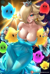 Rule 34 | 1girl, bare shoulders, blonde hair, blue dress, blue eyes, blue nails, breasts, collarbone, commentary, crown, dress, earrings, english commentary, enma (enmanuelart), glint, hair over one eye, highres, holding, holding wand, jewelry, large breasts, lips, lipstick, luma (mario), makeup, mario (series), nail polish, nintendo, off-shoulder dress, off shoulder, parted lips, patreon username, rosalina, star (symbol), star earrings, star wand, super mario galaxy, wand, watermark, web address, wide hips