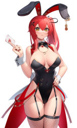 Rule 34 | 1girl, ace (playing card), ace of hearts, black bow, bow, cameltoe, card, covered navel, fishnet thighhighs, fishnets, garter straps, hair between eyes, hair bow, halterneck, hand on own hip, heart, highres, houchi shoujo, leotard, looking at viewer, nail polish, playboy bunny, playing card, red hair, side ponytail, simple background, solo, suraimu (suraimuraimu), thighhighs, white background, wrist cuffs, yellow eyes