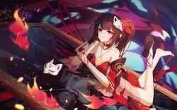 Rule 34 | 1girl, black footwear, black gloves, broken glass, brown hair, detached sleeves, different reflection, dress, dutch angle, facial mark, full body, glass, gleam lin shi, gloves, gun, highres, holding, holding gun, holding weapon, honkai: star rail, honkai (series), koi, long hair, looking at viewer, lying, mask, mask on head, on stomach, parted lips, pink eyes, red dress, reflection, sandals, shoe dangle, single glove, sleeveless, sleeveless dress, smile, solo, sparkle (honkai: star rail), twintails, weapon