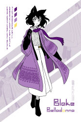 Rule 34 | 1girl, absurdres, alternate costume, animal ears, black hair, blake belladonna, boots, cat ears, character name, chinese clothes, coat, duijin ruqun, fatrabbitr, full body, hanfu, highres, long skirt, long sleeves, looking at viewer, pants, purple scarf, rwby, scarf, short hair, skirt, solo, standing, white eyes, wide sleeves
