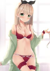 Rule 34 | 1girl, bare shoulders, black hairband, black ribbon, blunt bangs, blurry, blurry background, blush, bow, bow bra, bow panties, bra, breasts, cleavage, closed mouth, collarbone, depth of field, earrings, eyebrows hidden by hair, green eyes, green jacket, hair ribbon, hairband, highres, jacket, jewelry, light brown hair, lineflo, long hair, long sleeves, looking at viewer, medium breasts, navel, off shoulder, open clothes, open jacket, original, panties, red bra, red panties, ribbon, sidelocks, sleeves past wrists, smile, solo, underwear, underwear only, very long hair, window, wrist cuffs
