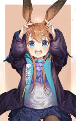 Rule 34 | 1girl, :d, absurdres, amiya (arknights), animal ears, arknights, arms up, ascot, black jacket, blue skirt, blush, brown background, brown hair, brown pantyhose, commentary request, hair between eyes, highres, jacket, jewelry, kato (kato), long hair, long sleeves, looking at viewer, open clothes, open jacket, open mouth, pantyhose, pleated skirt, puffy long sleeves, puffy sleeves, purple ascot, rabbit ears, ring, round teeth, shirt, sidelocks, skirt, smile, solo, teeth, two-tone background, upper teeth only, very long hair, white background, white shirt