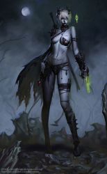 Rule 34 | 1girl, armlet, armor, artist name, asymmetrical clothes, black wings, blood, braid, chain, claw (weapon), copyright name, dated, demon panties, detached collar, eyepatch, fog, full body, guro, hair ornament, hand on own hip, highres, long hair, looking at viewer, moon, navel, night, one eye closed, original, parted lips, realistic, scar, shin guards, short hair, shoulder armor, single pantsleg, single wing, solo, standing, stomach tattoo, sword, sword behind back, tattoo, thigh strap, tree, vambraces, weapon, wings