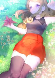 Rule 34 | 1girl, absurdres, ankea (a-ramo-do), arm up, armpits, black shirt, black thighhighs, brown hair, commentary request, creatures (company), crying, daisy, day, eyelashes, fingernails, flower, game freak, grass, hand up, highres, holding, knees together feet apart, legs together, long hair, looking to the side, lying, nintendo, on back, outdoors, pleated skirt, pokemon, pokemon xy, purple eyes, red skirt, serena (pokemon), shadow, shirt, skirt, sleeveless, sleeveless shirt, tears, thighhighs