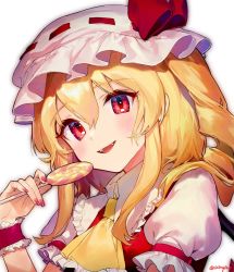 Rule 34 | 1girl, :d, ainy, artist name, ascot, blonde hair, blush, candy, commentary request, fang, flandre scarlet, food, frilled ascot, frilled shirt collar, frills, hair between eyes, hand up, hat, hat ribbon, head tilt, holding, holding food, lollipop, long hair, looking at viewer, mob cap, nail polish, one side up, open mouth, puffy short sleeves, puffy sleeves, red eyes, red nails, red ribbon, red vest, ribbon, shirt, short sleeves, sidelocks, simple background, smile, solo, touhou, twitter username, upper body, vest, white background, white hat, white shirt, wings, wrist cuffs, yellow ascot