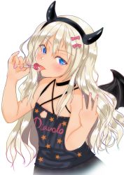 Rule 34 | 1girl, absurdres, bat wings, blonde hair, blue eyes, candy, clothes writing, commentary request, food, grecale (kancolle), highres, kantai collection, licking, lollipop, long hair, looking at viewer, nitamako (sakamalh), simple background, solo, tan, tank top, upper body, wavy hair, white background, wings