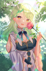 Rule 34 | 1girl, :d, antlers, black gloves, blue nails, braid, breasts, ceres fauna, cleavage, commentary, day, earrings, fingerless gloves, flower, gloves, green hair, head tilt, highres, holding, holding flower, hololive, hololive english, horns, jewelry, kawaiipony2, long hair, looking at viewer, medium breasts, mole, mole under eye, nail polish, open mouth, orange eyes, rose, side braid, single glove, smile, solo, virtual youtuber, wide sleeves
