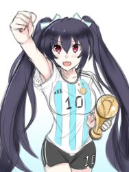 Rule 34 | 1girl, 2022, 2022 fifa world cup, absurdres, argentinian flag, argentinian flag print, black hair, blue ribbon, breasts, flag print, hair between eyes, hair ribbon, happy, highres, holding, holding trophy, long hair, looking at viewer, medium breasts, neptune (series), noire (neptunia), red eyes, ribbon, shirt, sketch, smile, soccer uniform, solo, sportswear, striped clothes, striped shirt, trophy, twintails, vertical-striped clothes, vertical-striped shirt, very long hair, world cup, zatsu