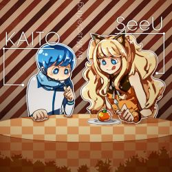 Rule 34 | 1boy, 1girl, :q, animal ears, bad id, bad pixiv id, blonde hair, blue eyes, blue hair, bracelet, character name, eating, food, fruit, jewelry, kaito (vocaloid), kyukyukyu (bada9504), long hair, muscle king, persimmon, seeu, smile, spoon, tongue, tongue out, vocaloid