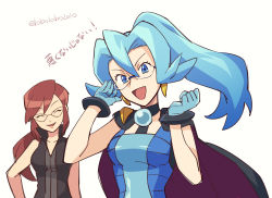 Rule 34 | 2girls, artist name, bespectacled, blue eyes, blue gloves, blue hair, brown hair, cape, clair (pokemon), clenched hand, closed eyes, commentary request, creatures (company), earrings, eyelashes, game freak, glasses, gloves, hair between eyes, hands up, jewelry, long hair, lorelei (pokemon), momoji (lobolobo2010), multiple girls, nintendo, open mouth, pokemon, pokemon frlg, pokemon hgss, smile, teeth, tongue, translation request, watermark