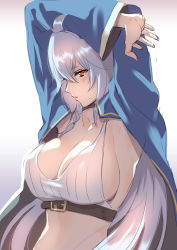 Rule 34 | 10s, 1girl, ahoge, arms up, belt, blush, braid, breasts, buckle, cleavage, collarbone, gradient background, granblue fantasy, jacket, large breasts, long hair, midriff, natsuhiko, open clothes, open jacket, silva (granblue fantasy), silver hair, solo, yellow eyes