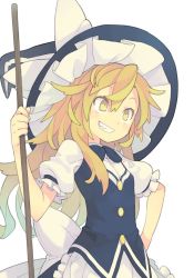 Rule 34 | 1girl, blonde hair, bow, braid, broom, grin, hair bow, hand on own hip, hat, kirisame marisa, long hair, morino hon, simple background, smile, solo, touhou, witch hat, yellow eyes