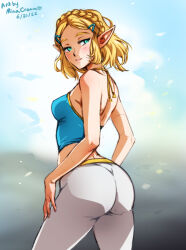 Rule 34 | 1girl, artist name, ass, back, bare shoulders, bikini, blonde hair, blue sky, blush, braid, breasts, cloud, cowboy shot, crown braid, day, from behind, green eyes, grey pants, hair ornament, hand on own leg, light smile, looking at viewer, looking back, medium breasts, medium hair, mina cream, nintendo, outdoors, pants, pointy ears, princess zelda, short hair, shoulder blades, signature, sky, smile, solo, standing, swimsuit, the legend of zelda, thighs, tight clothes, tight pants