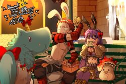 Rule 34 | 1boy, 1girl, animal ears, anniversary, armor, bayeri (ragnarok online), black gloves, black jumpsuit, black pants, bow, bread, breasts, brick wall, city, cleavage, commentary request, constricted pupils, eating, fake animal ears, feet out of frame, fingerless gloves, flask, food, genetic (ragnarok online), gloves, hair bow, jumpsuit, jumpsuit around waist, long hair, love morocc, mechanic (ragnarok online), medium breasts, melon bread, midriff, miniskirt, mushroom, open mouth, outdoors, pants, pauldrons, purple eyes, purple hair, purple thighhighs, rabbit ears, ragnarok online, red armor, red bow, red hair, round-bottom flask, sandwich, short hair, shoulder armor, sitting, skirt, smile, spore (ragnarok online), sunset, thighhighs, unicorn, vambraces