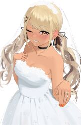 1girl 4kebidayo absurdres bare_shoulders black_choker blonde_hair breasts bridal_veil bride choker dark_skin dress earrings flower gyaru hair_flower hair_ornament hair_ribbon hand_on_own_chest heart heart_in_eye highres jewelry kaminari_qpi kogal looking_at_viewer low_twintails medium_breasts orange_eyes orange_nails ribbon ring simple_background solo strapless strapless_dress swept_bangs symbol_in_eye tearing_up twintails veil virtual_youtuber vspo! wedding_dress wedding_ring white_background white_dress white_flower x_hair_ornament