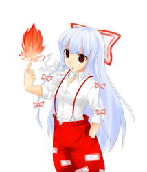 Rule 34 | 1girl, cigarette, element bender, female focus, fire, fujiwara no mokou, hair ribbon, long hair, ribbon, simple background, smoking, solo, standing, suspenders, touhou, white background