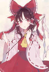 Rule 34 | 1girl, ascot, bare shoulders, blush, bow, brown hair, collar, collared dress, detached sleeves, dress, flower, flower in eye, gohei, hair flower, hair ornament, hair tubes, hakurei reimu, hands up, highres, long sleeves, looking to the side, mozukuzu (manukedori), open mouth, pink flower, red bow, red dress, red eyes, red flower, short hair, simple background, solo, symbol in eye, touhou, wide sleeves, yellow ascot, yellow background