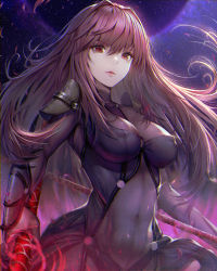 Rule 34 | 1girl, armor, bodysuit, breasts, closed mouth, commentary, covered erect nipples, covered navel, dual wielding, fate/grand order, fate (series), gae bolg (fate), hisahisahisahisa, holding, light particles, lips, long hair, looking at viewer, medium breasts, pauldrons, polearm, purple bodysuit, purple hair, red eyes, red hair, revision, scathach (fate), shoulder armor, skin tight, solo, spear, standing, static, weapon