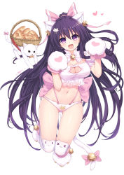 Rule 34 | &gt;3&lt;, 1girl, :3, :d, alternate costume, animal ears, animal hands, animal print, basket, bell, blush, bra, bread, breasts, cat, cat ears, cat hair ornament, cat lingerie, cat panties, cat print, cat tail, cleavage, cleavage cutout, clothing cutout, collar, date a live, food, frilled bra, frills, full body, gloves, groin, hair ornament, hair ribbon, hands up, heart, heart print, highres, long hair, looking at viewer, medium breasts, meme attire, navel, neck bell, neps-l, open mouth, panties, paw gloves, paw print, paw shoes, pink ribbon, print panties, purple eyes, purple hair, ribbon, shoes, simple background, smile, solo, tail, thighhighs, underwear, very long hair, white background, yatogami tooka