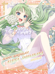 Rule 34 | 1girl, 2023, absurdres, ahoge, aqua eyes, blush, border, bouquet, bow, bracelet, breasts, character name, collarbone, dress, earrings, flower, frills, green hair, hair bow, happy birthday, highres, holding, holding bouquet, idolmaster, idolmaster million live!, idolmaster million live! theater days, jewelry, leg up, long hair, long sleeves, looking at viewer, medium breasts, open mouth, ornate border, pendant, ribbon, see-through, see-through sleeves, shimabara elena, shiro (ongrokm), smile, solo, white bow, white dress