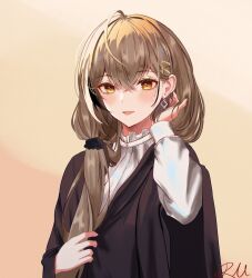 Rule 34 | 1girl, absurdres, ahoge, alternate costume, alternate hairstyle, brown eyes, brown hair, brown shawl, earrings, frilled shirt collar, frills, hair ornament, hairclip, highres, hololive, hololive english, jewelry, long hair, looking at viewer, multicolored hair, nanashi mumei, shawl, shirt, side ponytail, simple background, single earring, smile, streaked hair, upper body, very long hair, virtual youtuber, white shirt, xsilentred