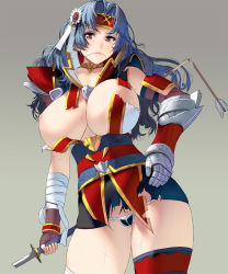 Rule 34 | 1girl, armor, arrow (projectile), blue hair, breasts, broken, broken sword, broken weapon, hand on own hip, highres, kouno (masao), large breasts, long hair, nipples, original, red eyes, solo, sword, tears, thighs, torn clothes, weapon