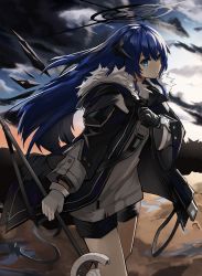 Rule 34 | 1girl, arknights, asymmetrical gloves, black coat, black gloves, black shorts, blue eyes, blue hair, bracelet, closed mouth, cloud, cloudy sky, coat, day, desert, fur-trimmed coat, fur trim, gloves, grey shirt, halo, highres, holding, holding staff, horns, jewelry, long hair, long sleeves, mismatched gloves, mostima (arknights), nanamilem, onsen, open clothes, open coat, outdoors, shirt, shorts, sky, solo, staff, white gloves