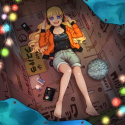 Rule 34 | 1girl, :d, barefoot, blonde hair, blue eyes, box, bright pupils, cardboard, cardboard box, cellphone, christmas lights, commentary, disco ball, headphones, highres, looking at viewer, lying, on back, one cup, open mouth, original, phone, short shorts, shorts, smartphone, smile, solo, tarpaulin, white pupils, yajirushi (chanoma)