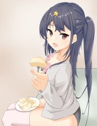 Rule 34 | 1girl, alternate costume, apple, apple slice, black hair, bra, food, fork, fruit, grey bra, grey panties, grey shirt, hair ornament, holding, holding fork, kantai collection, long hair, looking at viewer, makinoki, open clothes, open shirt, panties, pink thighhighs, plate, red eyes, scamp (kancolle), shirt, side ponytail, sitting, solo, star (symbol), star hair ornament, textless version, thighhighs, underwear, very long hair