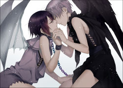 Rule 34 | androgynous, bad id, bad pixiv id, chain, closed eyes, collar, cowboy shot, from side, gender request, half-closed eyes, hand on another&#039;s thigh, highres, holding hands, interlocked fingers, kazari tayu, original, purple hair, silver hair, sparkle, wings
