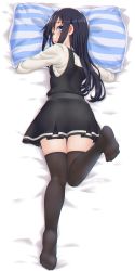 Rule 34 | 1girl, asashio (kancolle), asashio kai ni (kancolle), ass, bed sheet, black dress, black hair, black thighhighs, blue eyes, blush, dakimakura (medium), dd (ijigendd), dress, feet up, from above, from behind, full body, highres, holding, kantai collection, leg up, long hair, long sleeves, looking at viewer, looking back, lying, no shoes, hugging object, on stomach, open mouth, pillow, pillow grab, pillow hug, pinafore dress, pleated dress, shirt, sleeveless, sleeveless dress, solo, thighhighs, white shirt