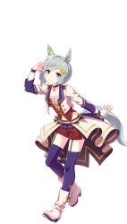 Rule 34 | animal ears, blue eyes, boots, collarbone, starting future (umamusume), full body, grey hair, grin, hair ornament, highres, horse ears, horse tail, looking at viewer, navel, official alternate costume, salute, seiun sky (umamusume), short hair, shorts, smile, tail, thighhighs, transparent background, umamusume