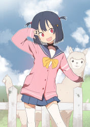 Rule 34 | 1girl, :3, absurdres, alpaca, animal, blue hair, blue skirt, blush, cardigan, cloud, day, fang, fence, hair ornament, hairclip, highres, looking at viewer, luke (dydansgur), m/, open mouth, original, outdoors, pleated skirt, red eyes, school uniform, serafuku, short hair, skirt, sky, smile, solo, thighhighs, two side up, white thighhighs