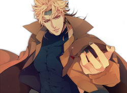 Rule 34 | 1boy, blonde hair, cape, dio brando, fang, fingernails, headband, heart, jojo no kimyou na bouken, looking at viewer, male focus, muscular, outstretched arm, red eyes, skin tight, solo, takashi (huzakenna), turtleneck, upper body, white background