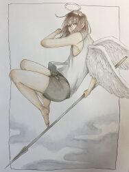 Rule 34 | 1boy, angel, angel devil (chainsaw man), angel wings, brown hair, chainsaw man, commentary request, erupusai2, feathered wings, grey eyes, halo, highres, long hair, looking at viewer, polearm, shirt, sky, solo, spear, tagme, weapon, white background, white shirt, white wings, wings