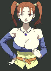 Rule 34 | 1girl, belt, breasts, brown hair, bursting breasts, cleavage, clothes pull, collar, collarbone, dragon quest, dragon quest viii, earrings, huge breasts, jessica albert, jewelry, lipstick, makeup, necklace, nora higuma, one eye closed, shirt pull, smile, solo, twintails, wink