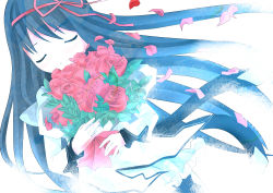 Rule 34 | 10s, 1girl, akemi homura, bad id, bad pixiv id, black hair, bouquet, closed eyes, female focus, flower, hair ribbon, kenneos, long hair, magical girl, mahou shoujo madoka magica, mahou shoujo madoka magica (anime), petals, plant, red flower, red rose, ribbon, rose, smile, solo, spoilers, white background