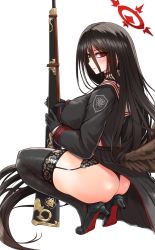 Rule 34 | 1girl, ass, black hair, black skirt, blue archive, blush, bolt action, breasts, eyebrows, feathered wings, gun, halo, hasumi (blue archive), highres, large breasts, long hair, looking at viewer, m1917 enfield, mole, mole under eye, red eyes, rifle, school uniform, shimogami migihidari, skirt, smile, squatting, weapon, white background, wings